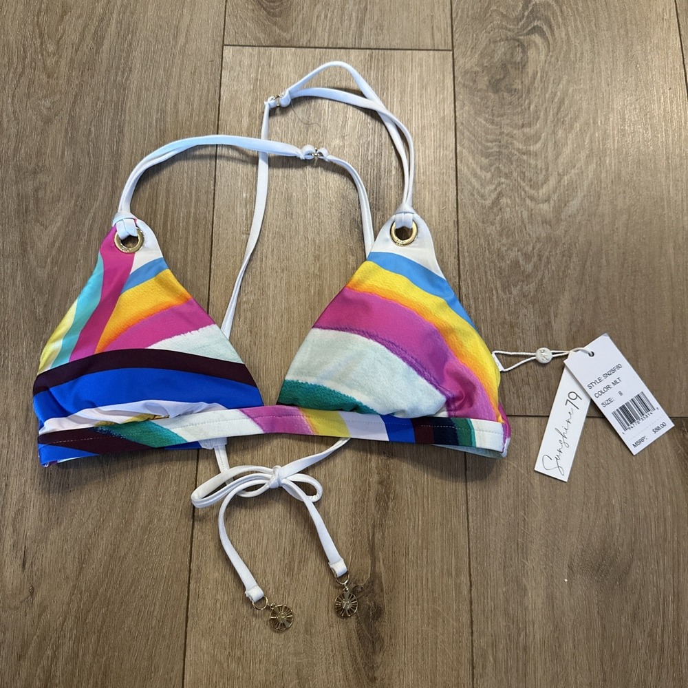 Sunshine 79 Junior's Multi Color Bikini Top Gold Accents Size 8 NEW
